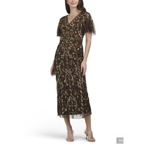 ADRIANNA PAPPEL Embellished Brown Midi Dress With Gold Sequin Detail. Size 4
